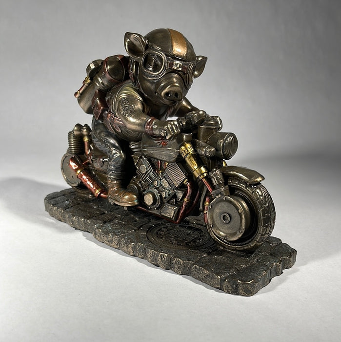 steampunk pig on motorcycle statue