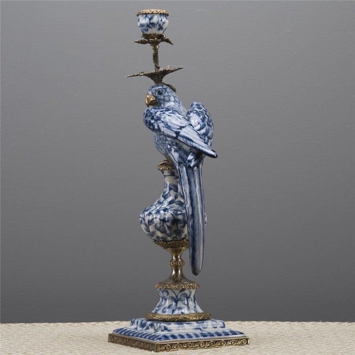 Blue & White Parrot Candle Holder-Porcelain & Bronze