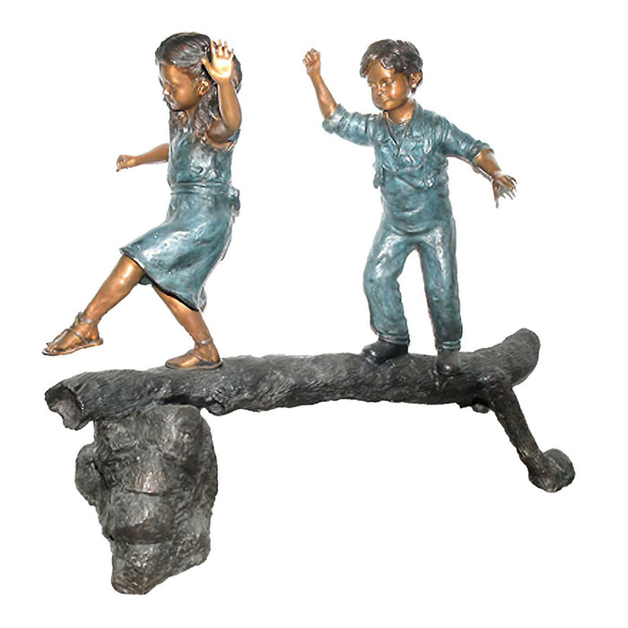 Boy & Girl Walking on Log Bronze Sculpture