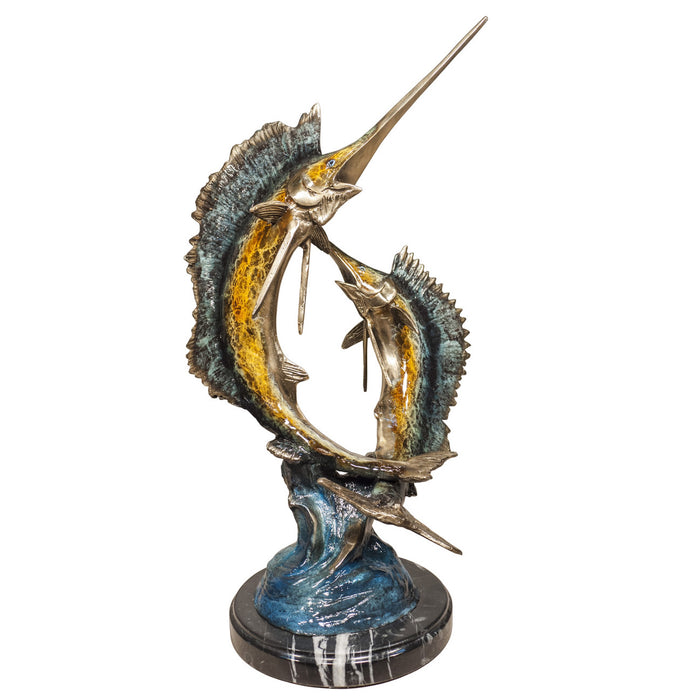 Dueling Sailfish on Marble Base Sculpture