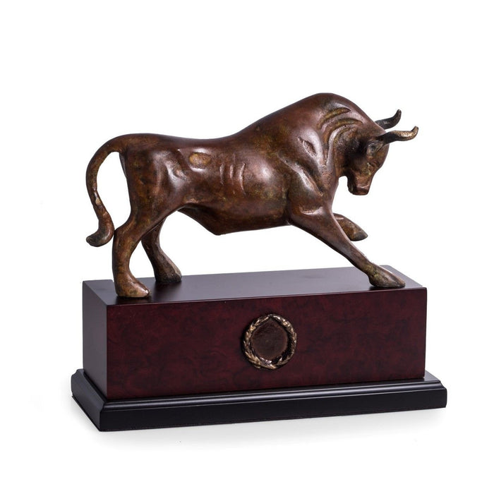 Wall Street Bull Sculpture on Wood Base