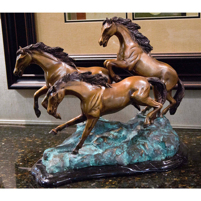 Wild Horses Bronze Sculpture on Marble Base