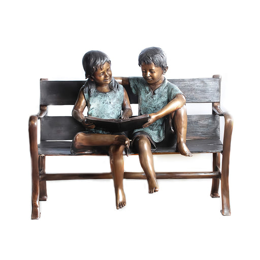 Boy and Girl Sitting on Bench Reading Book Bronze Sculpture