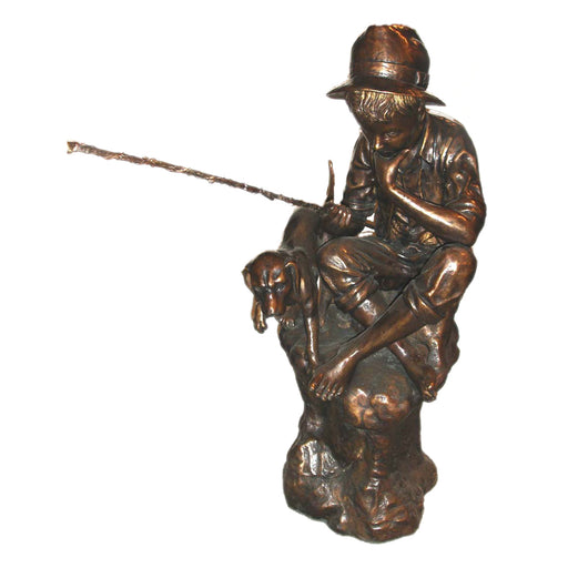 Bronze Boy Fishing With Dog Sculpture