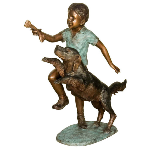 Boy Running With Dog Bronze Garden Statue