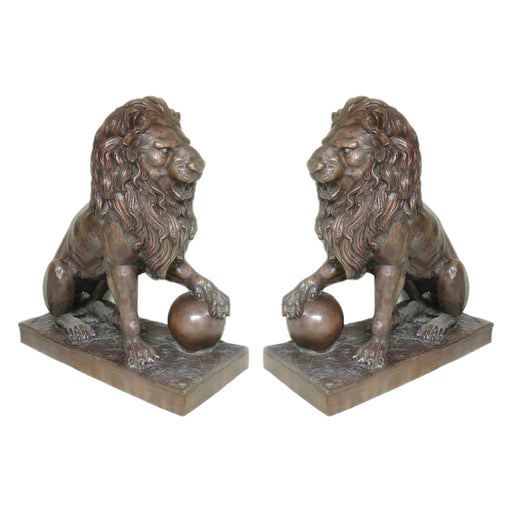 Bronze Lion on Ball Sculpture-Set of 2