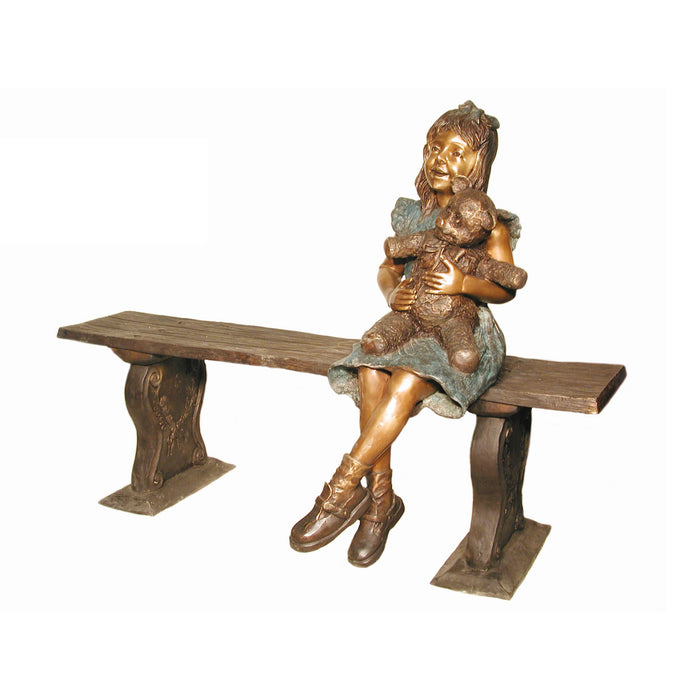 Girl with Teddy Bear on Bench Bronze Sculpture