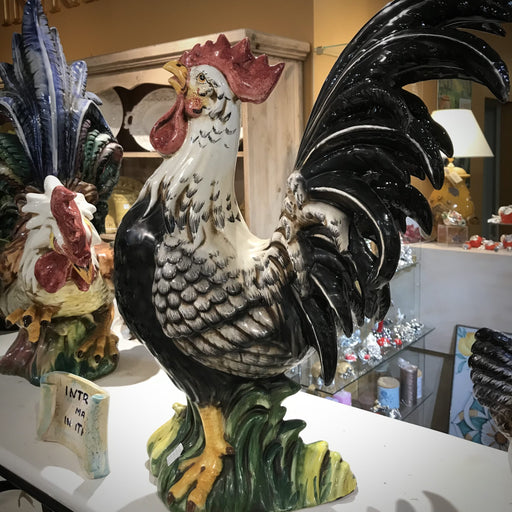 Black and White Rooster Sculpture in Italian Ceramic