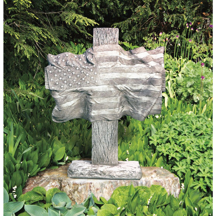 American Flag Cross Garden Statue- Grey Cast Stone