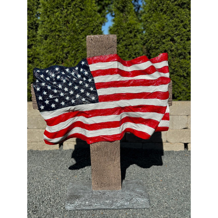 American Flag Cross Garden Statue- Cast Stone