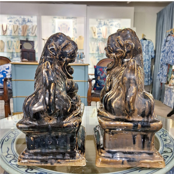 Aged Black Porcelain Foo Dogs Statue Set of 2