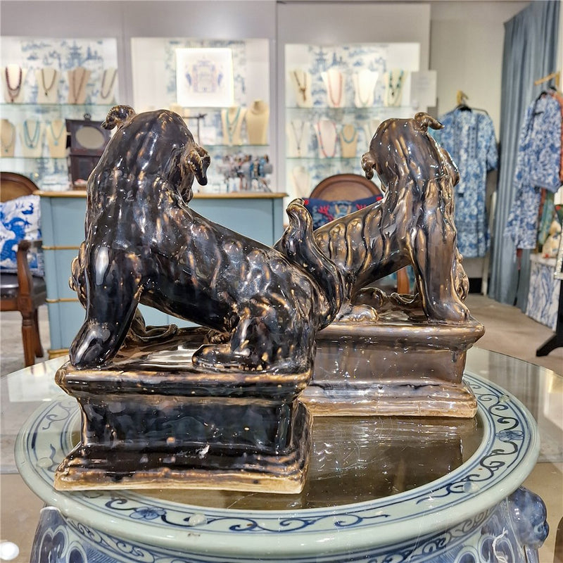 Aged Black Porcelain Foo Dogs Statue Set of 2