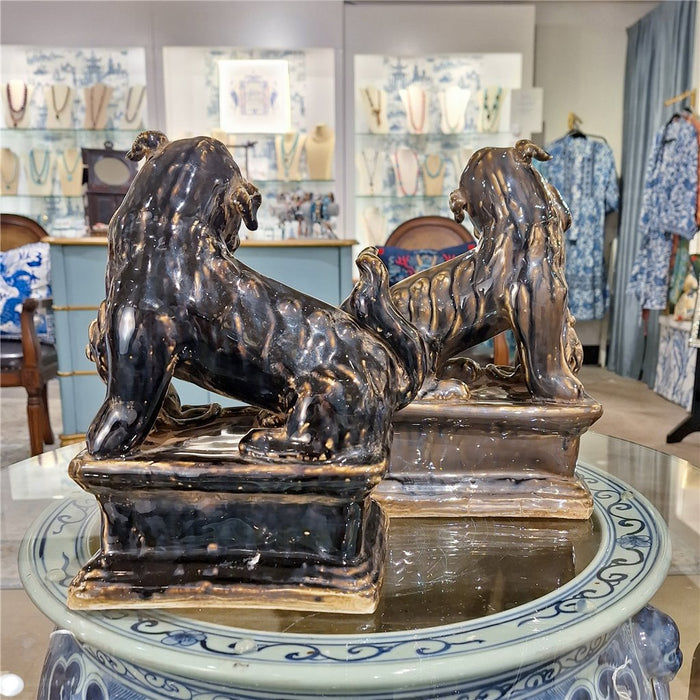Aged Black Porcelain Foo Dogs Statue Set of 2