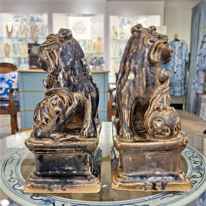 Aged Black Porcelain Foo Dogs Statue Set of 2