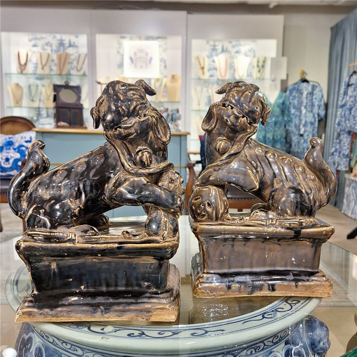 Aged Black Porcelain Foo Dogs Statue Set of 2