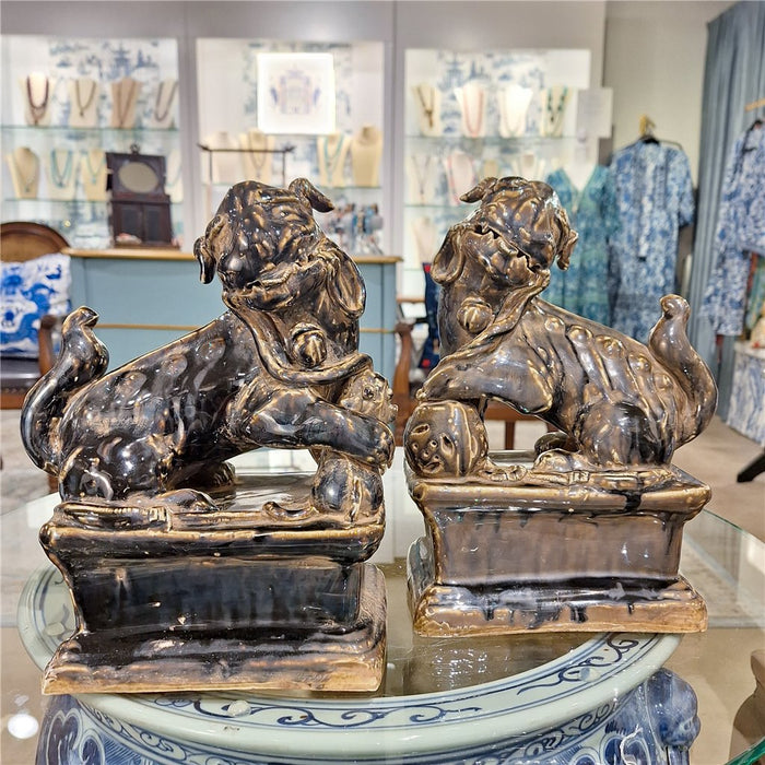Aged Black Porcelain Foo Dogs Statue Set of 2