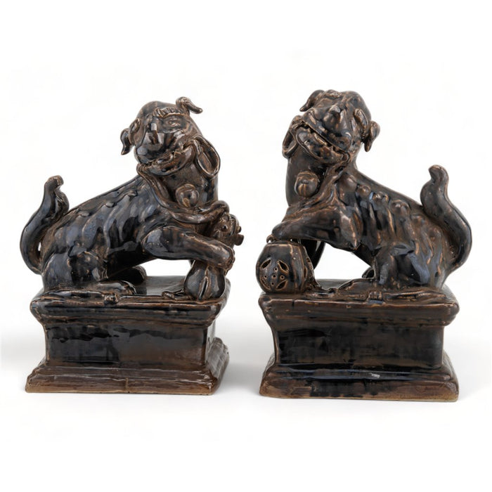 Aged Black Porcelain Foo Dogs Statue Set of 2