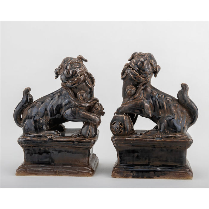 Aged Black Porcelain Foo Dogs Statue Set of 2