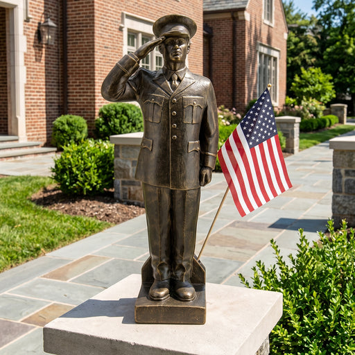 Outdoor statue of a  Army Soldier saluting with an American flag