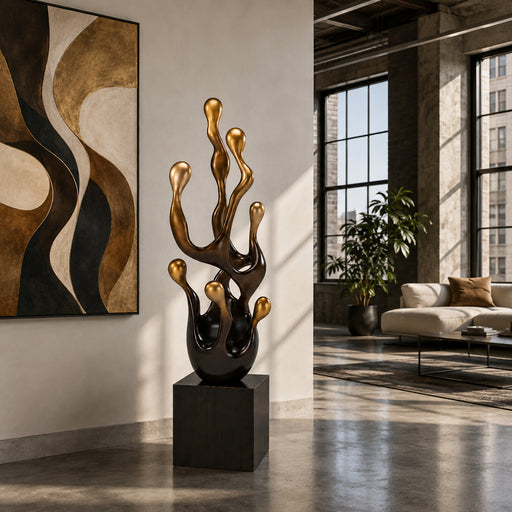 A modern abstract sculpture with metallic gold and dark bronze dripping forms on a black pedestal, displayed in a stylish loft apartment next to a large abstract painting.
