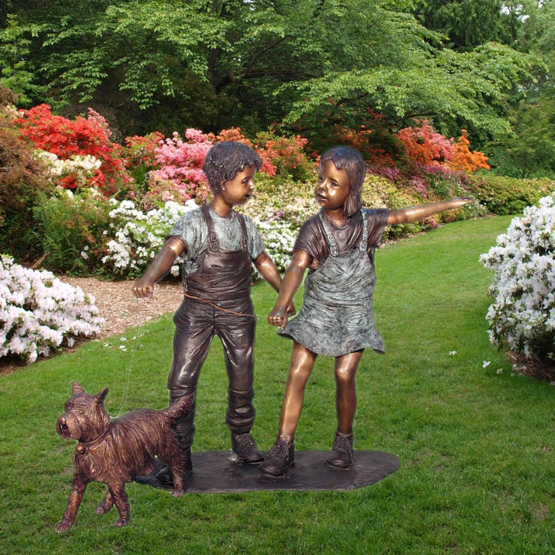 Boy and Girl with Dog Bronze Sculpture
