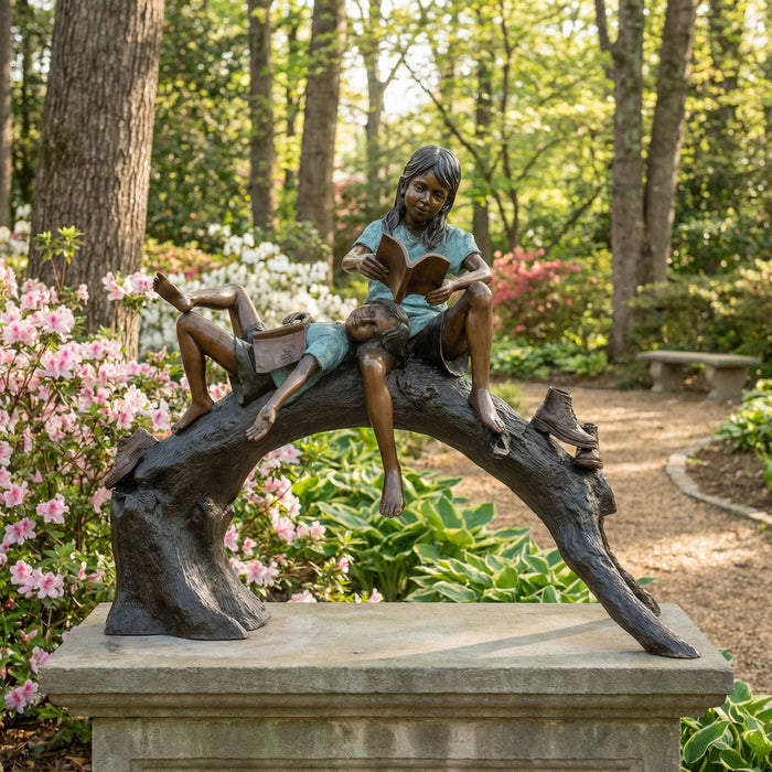 Boy and Girl Reading Books on Log Bronze Sculpture