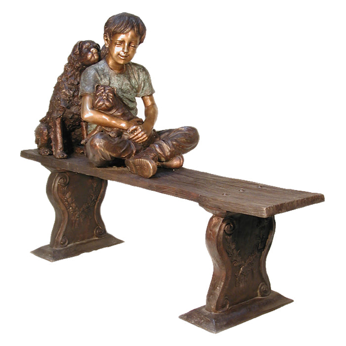 Boy on Bench with Dogs Bronze Sculpture