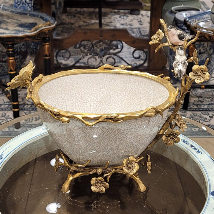 Bird & Butterfly Masterpiece Vessel-Porcelain & Bronze