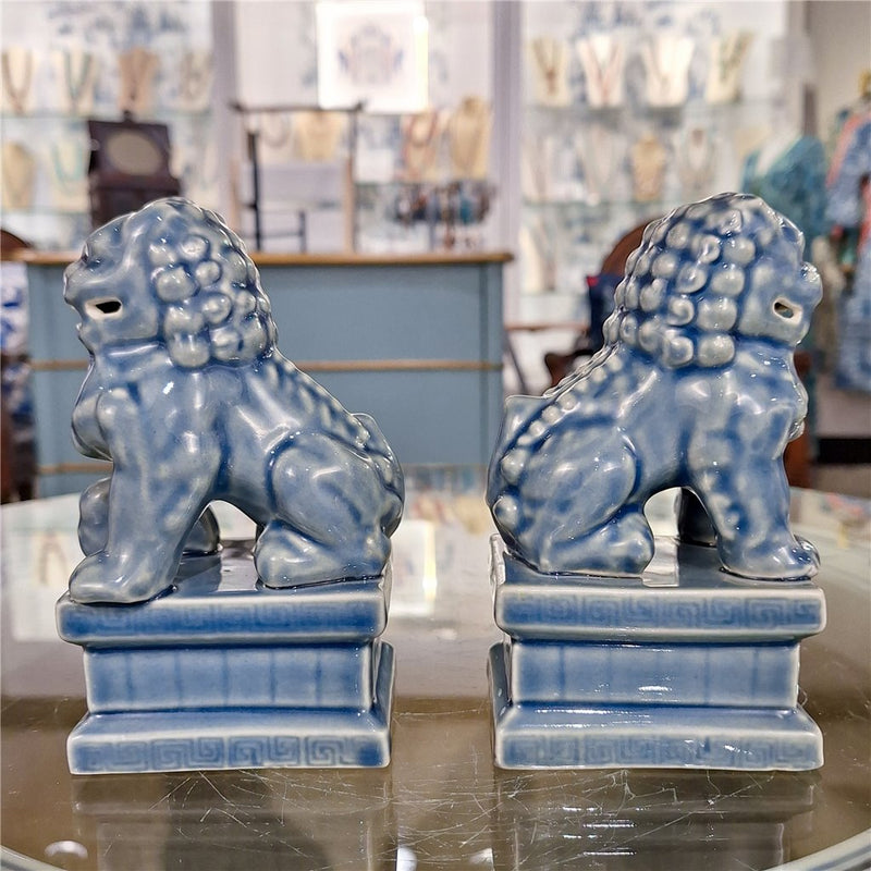 Blue Glaze Porcelain Foo Dogs Statue Set