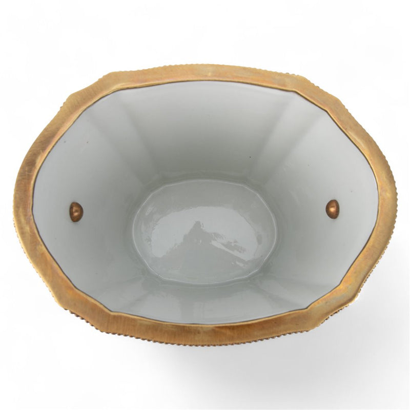 Blue Lattice Cachepot Planter-Porcelain & Bronze