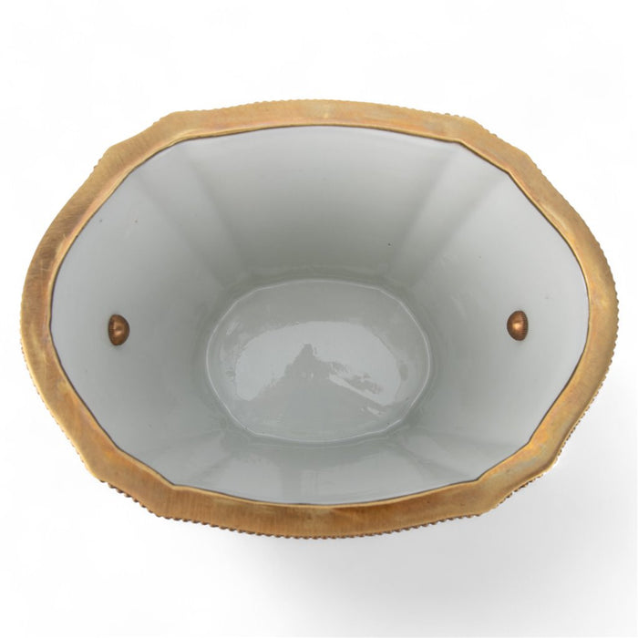 Blue Lattice Cachepot Planter-Porcelain & Bronze