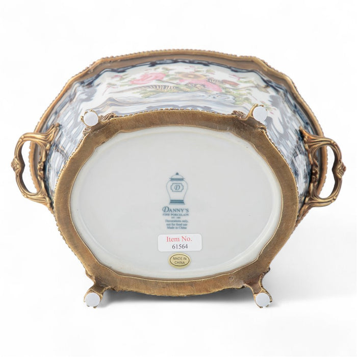 Blue Lattice Cachepot Planter-Porcelain & Bronze