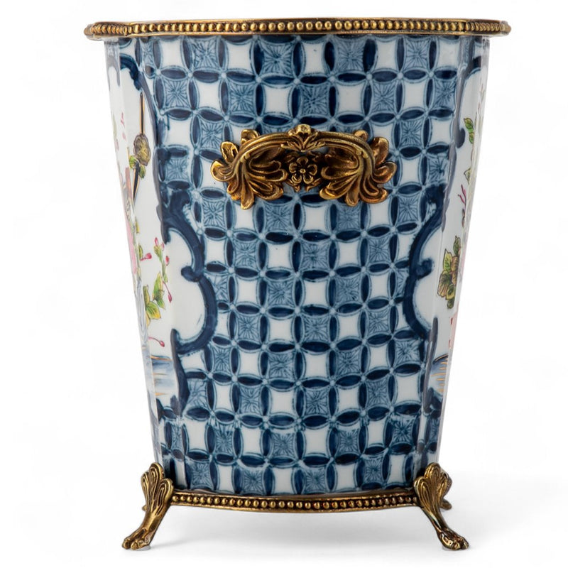 Blue Lattice Cachepot Planter-Porcelain & Bronze