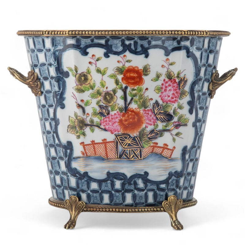 Blue Lattice Cachepot Planter-Porcelain & Bronze