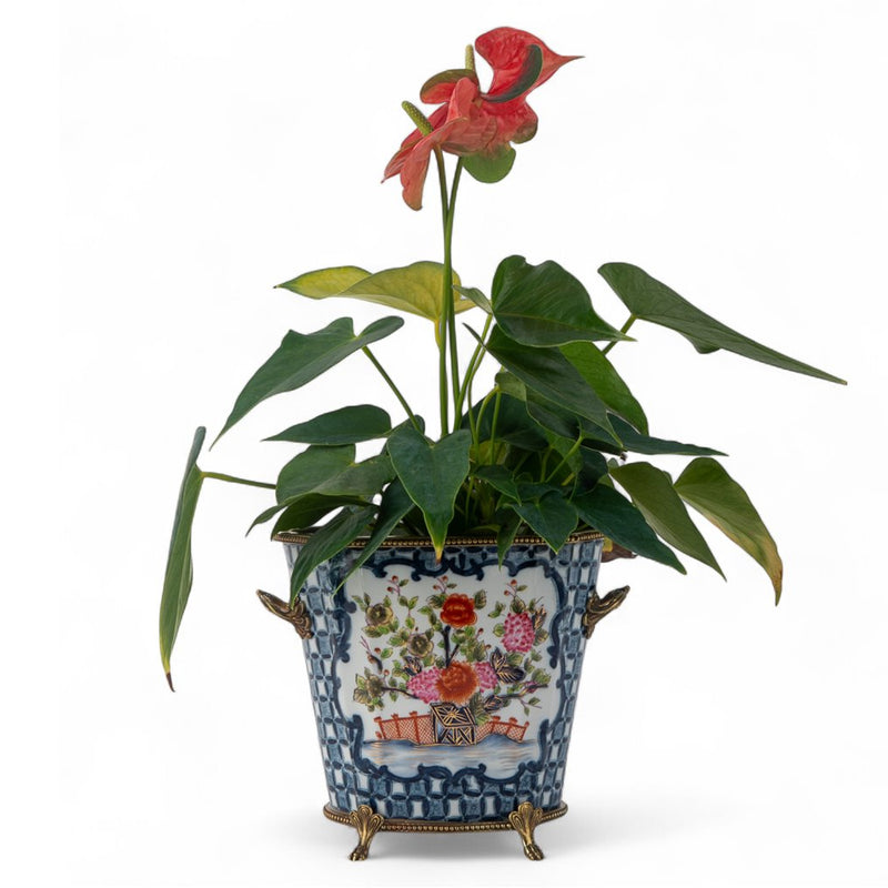 Blue Lattice Cachepot Planter-Porcelain & Bronze