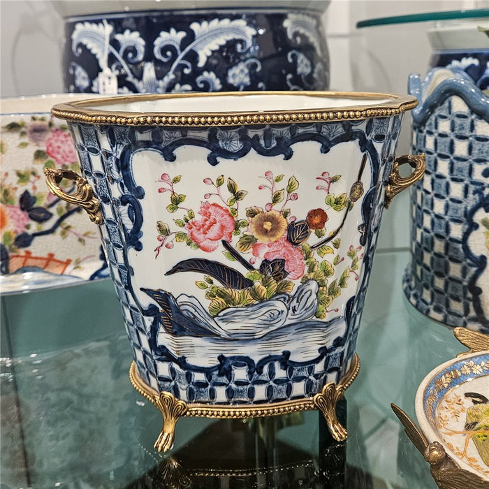 Blue Lattice Cachepot Planter-Porcelain & Bronze