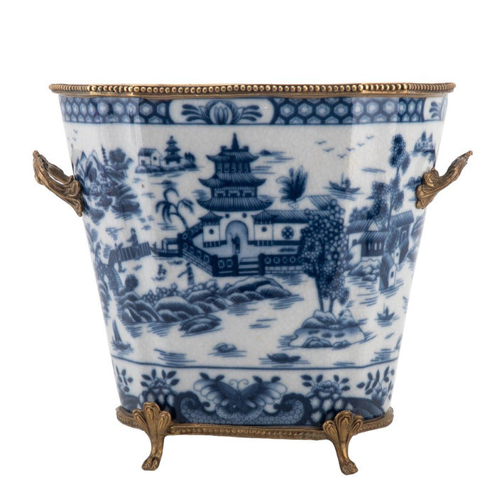 Blue Willow Cachepot Planter-Porcelain & Bronze