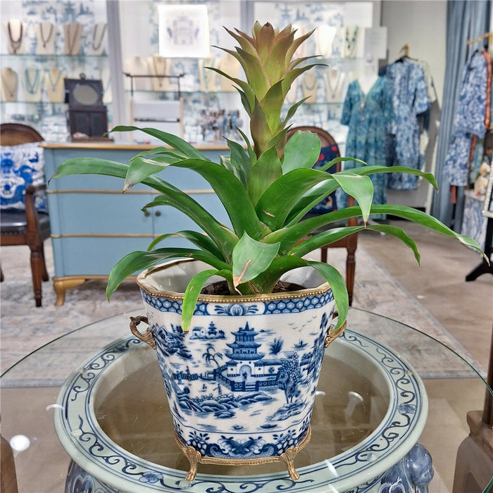 Blue Willow Cachepot Planter-Porcelain & Bronze