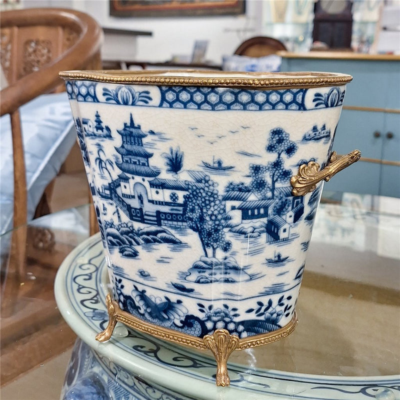Blue Willow Cachepot Planter-Porcelain & Bronze