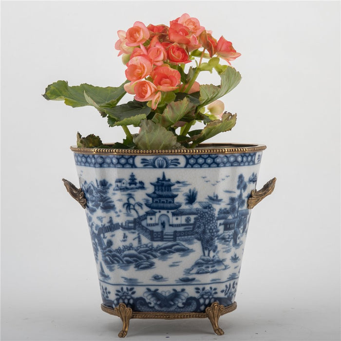 Blue Willow Cachepot Planter-Porcelain & Bronze