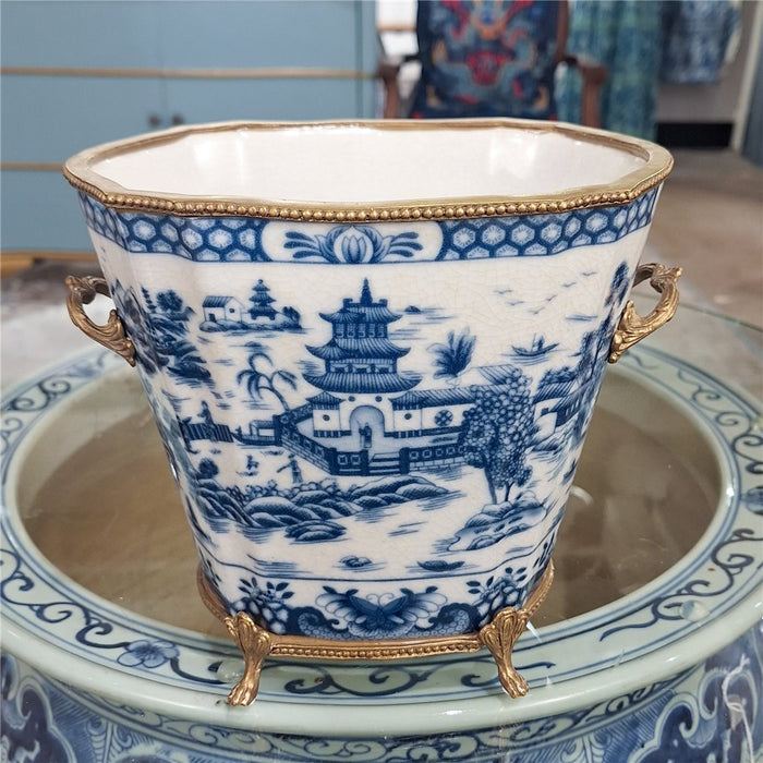 Blue Willow Cachepot Planter-Porcelain & Bronze
