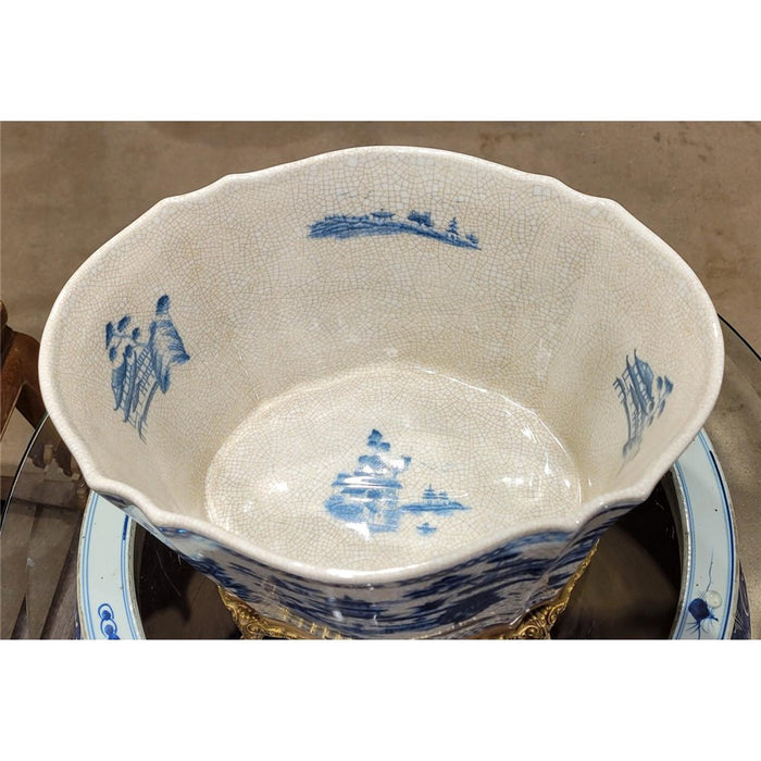 Blue Willow Oval Cachepot Planter-Porcelain & Bronze