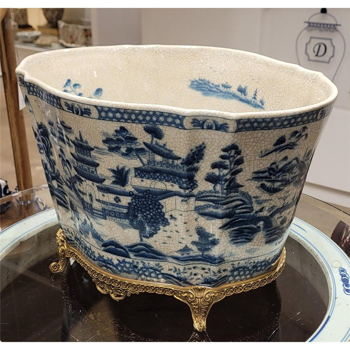Blue Willow Oval Cachepot Planter-Porcelain & Bronze