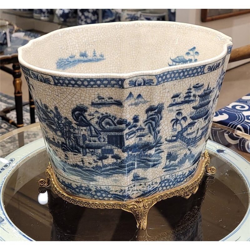 Blue Willow Oval Cachepot Planter-Porcelain & Bronze