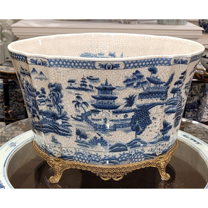 Blue Willow Oval Cachepot Planter-Porcelain & Bronze
