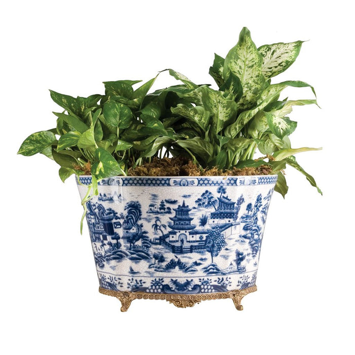 Blue Willow Oval Cachepot Planter-Porcelain & Bronze