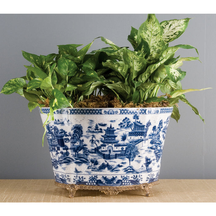 Blue Willow Oval Cachepot Planter-Porcelain & Bronze