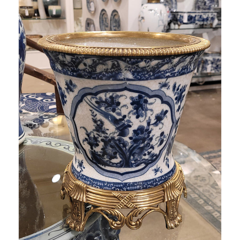 Blue & White Chinese Bird Pattern Cachepot Planter-Porcelain & Bronze