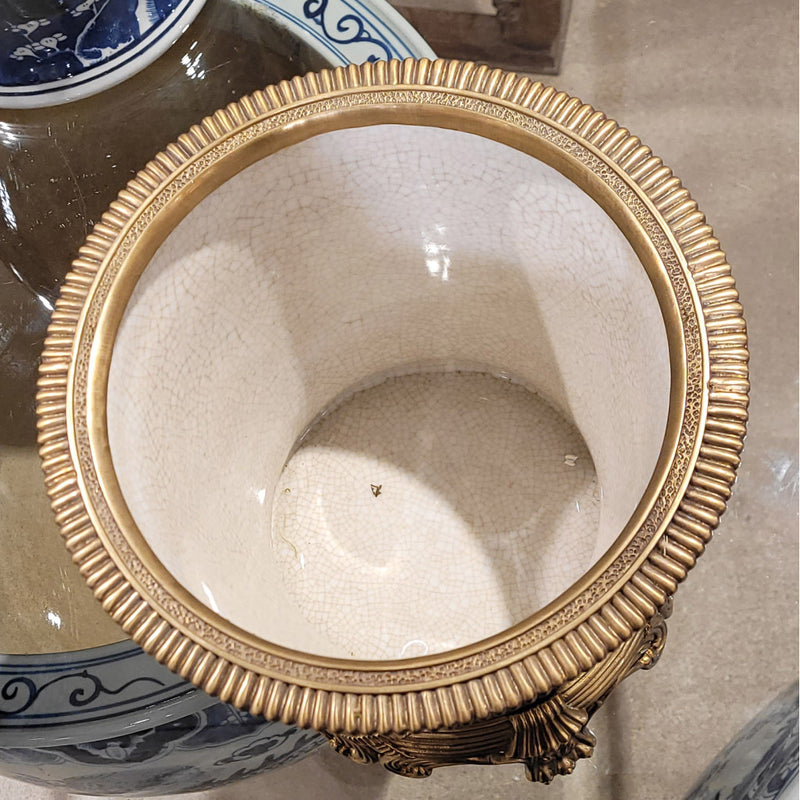Blue & White Chinese Bird Pattern Cachepot Planter-Porcelain & Bronze