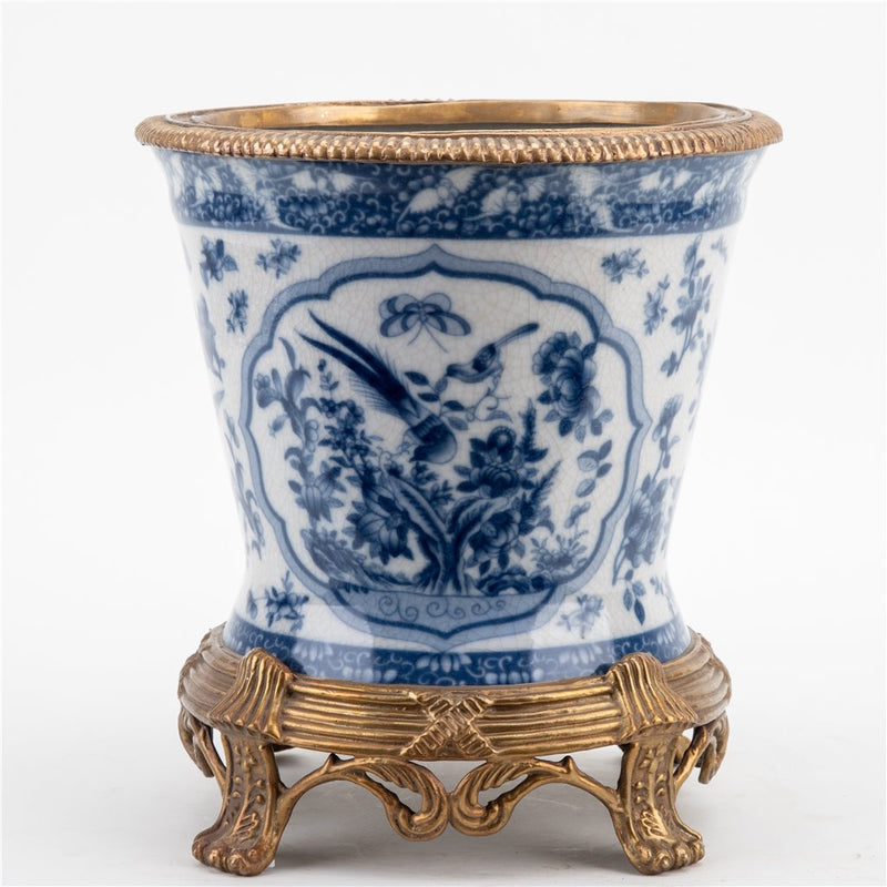 Blue & White Chinese Bird Pattern Cachepot Planter-Porcelain & Bronze